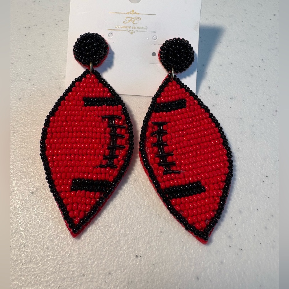 Red and Black Football Beaded Earrings